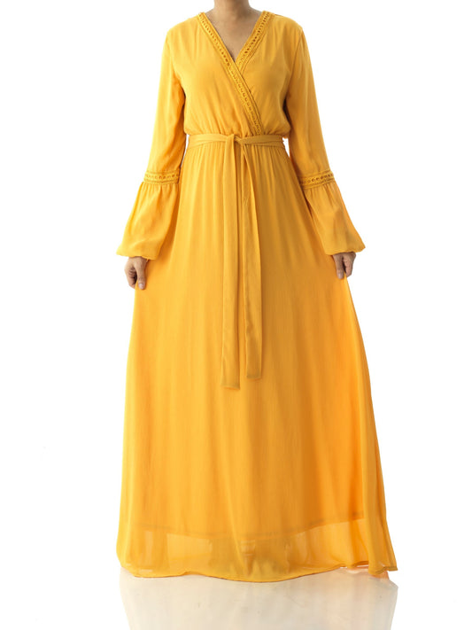 Ayesha Yellow v-neck lace details maxi dress Kabayare