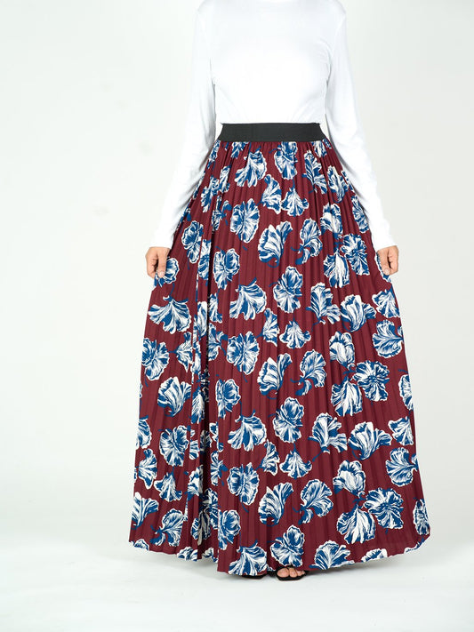maroon floral pleated maxi skirt Kabayare