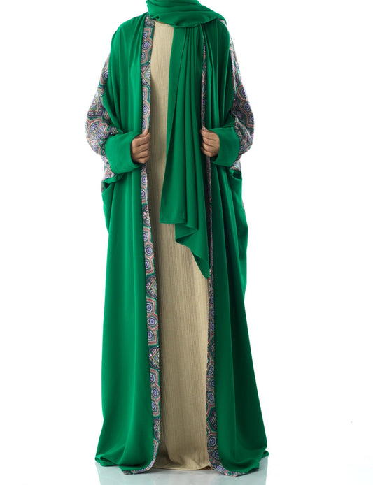 Royal Green Moroccan print abaya set Kabayare